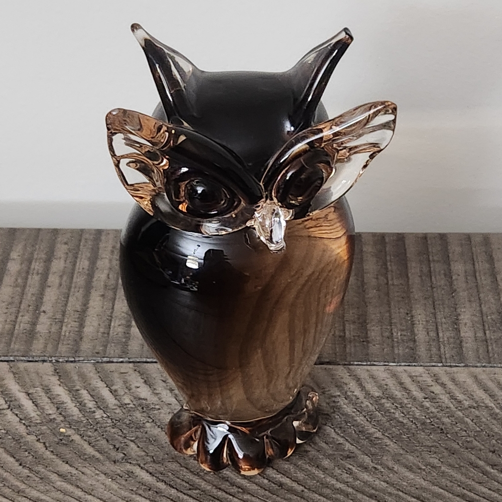 VTG MURANO MCM Smokey Brown Clear Decorative GLASS OWL figurine